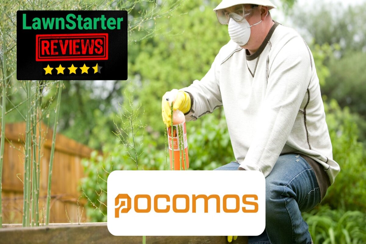 Text: Pocomos software Review | Background Image: Man in white short spraying on plants