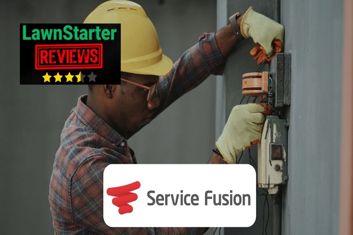 Text: Service Fusion Software Review | Background Image: A black man doing electricity work
