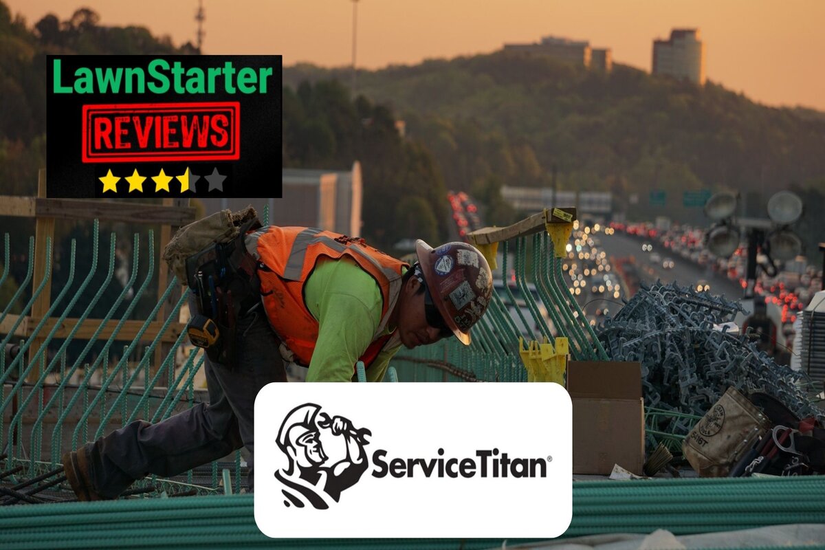 Text: LawnStarter Reviews : Service Titan | Rating: 3.5 stars | Background Image: Worker working on building