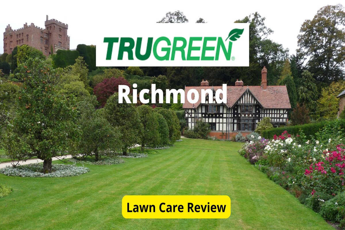 Text: TruGreen Richmond Lawn Care Review | Background Image: Green Lawn in front of house