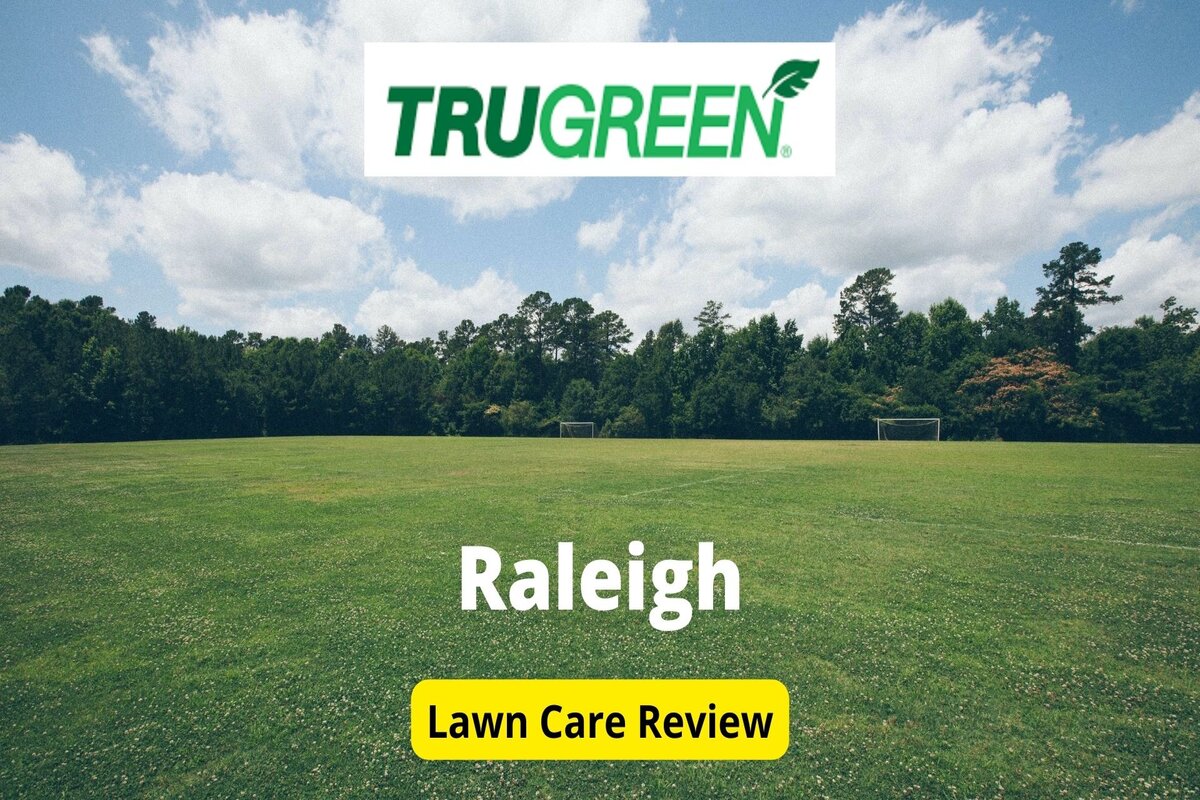Text: Trugreen Lawn care in Raleigh | Background Image: Field with soccer goals near the forest