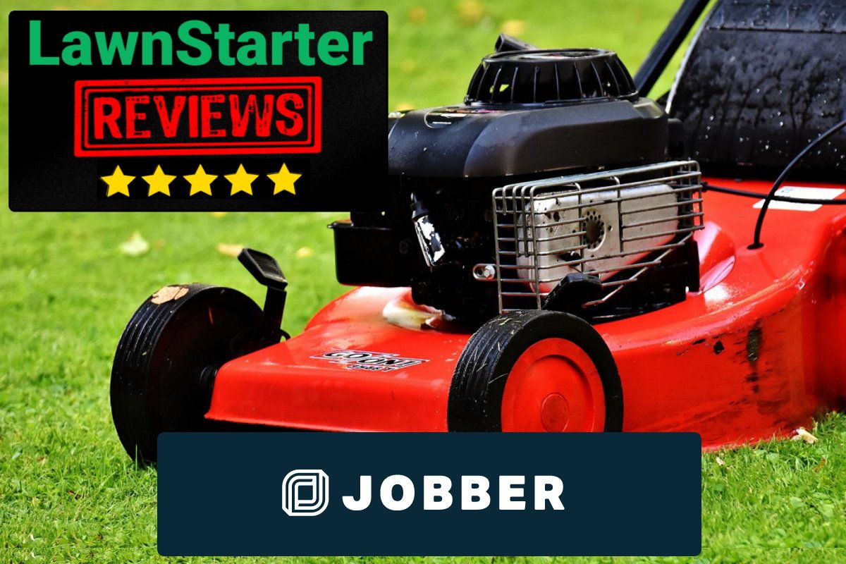 Text: LawnStarter Reviews: Jobber | Rating: 5 stars | Background Image: Lawnmower on grass