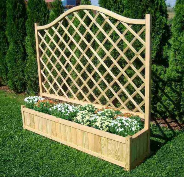 Wooden planter box with a trellis