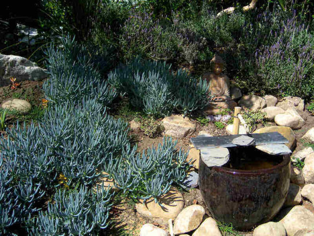 xeriscape garden with stones, statue, and water feature