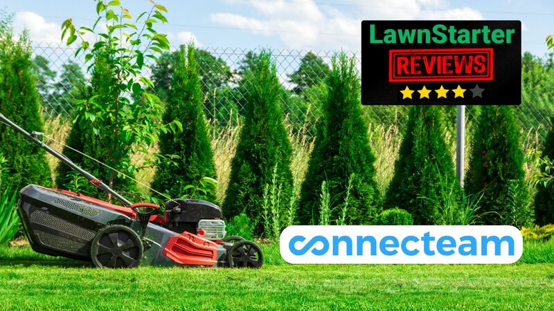 Text: Connecteam Review | Background Image: Lawn Mover Working on Grass