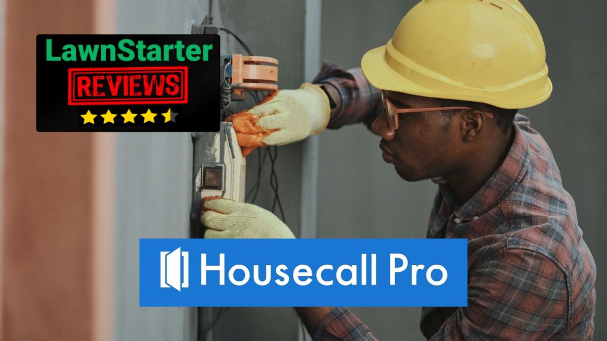 Electrician fixing fuse box with Housecall Pro logo overlaid