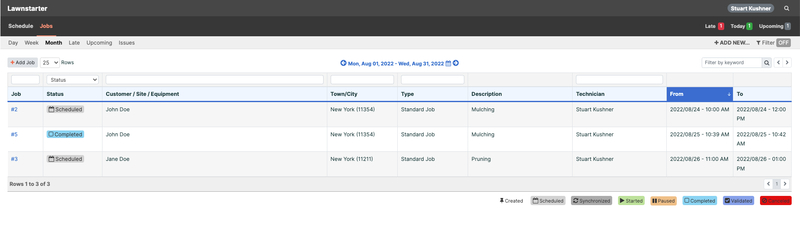 Job management screen in Synchroteam