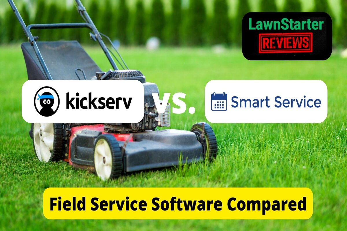 Text: Kickserv vs Smart Service | Background Image: Lawn Mover of black and red color on green grass
