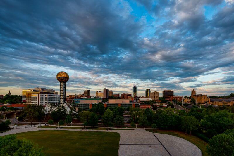 A view of the Knoxville, Tennessee, skyline with the World’s Fair Park in the foreground