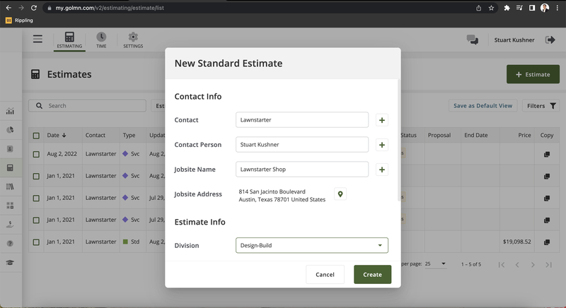 LMN New Estimate Screen