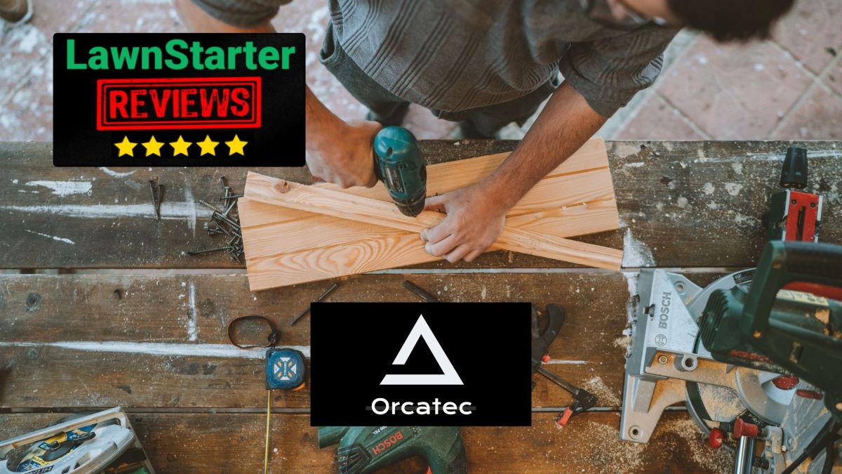 Man drilling wood on work bench with Orcatec logo overlaid