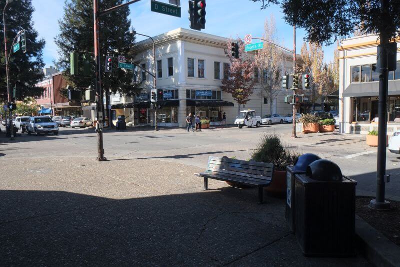 A view of buildings in Downtown Santa Rosa, California, shot from a corner at the intersection of Fourth and D streets