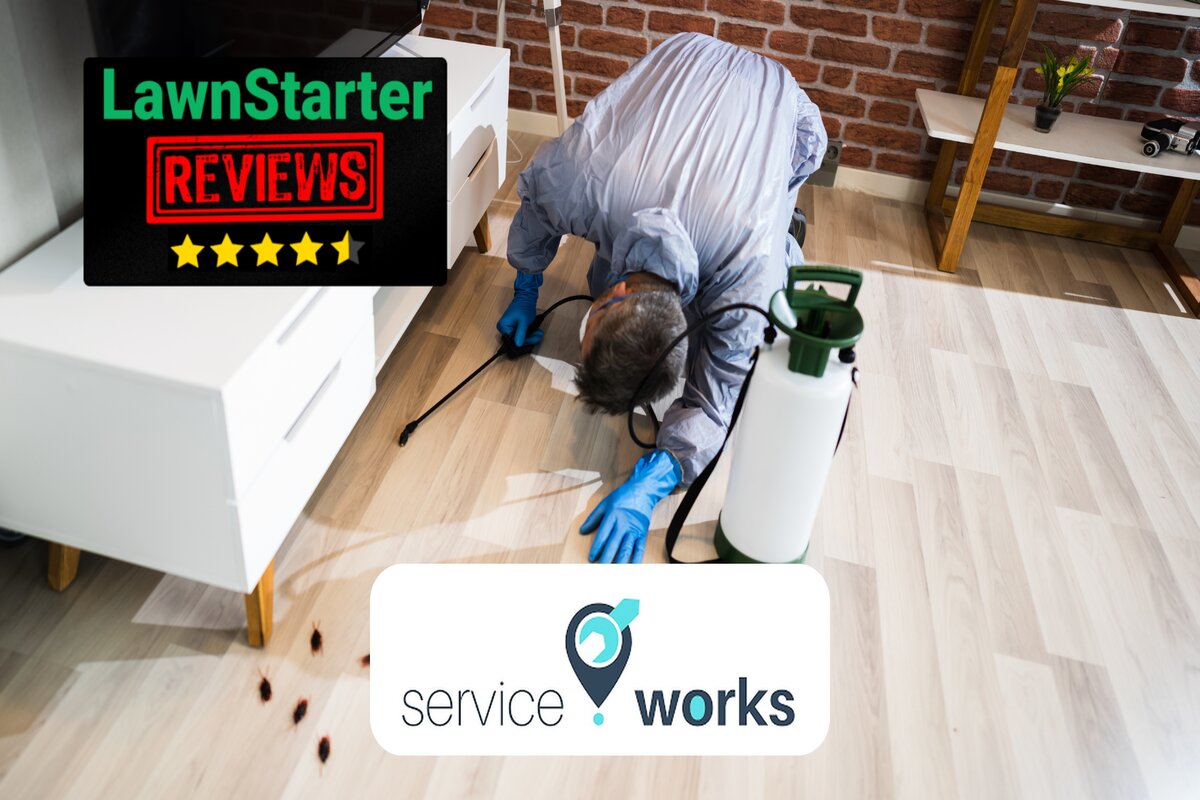 Text: ServiceWork Review | Background Image: Man Spraying pest control spray under tv shelf