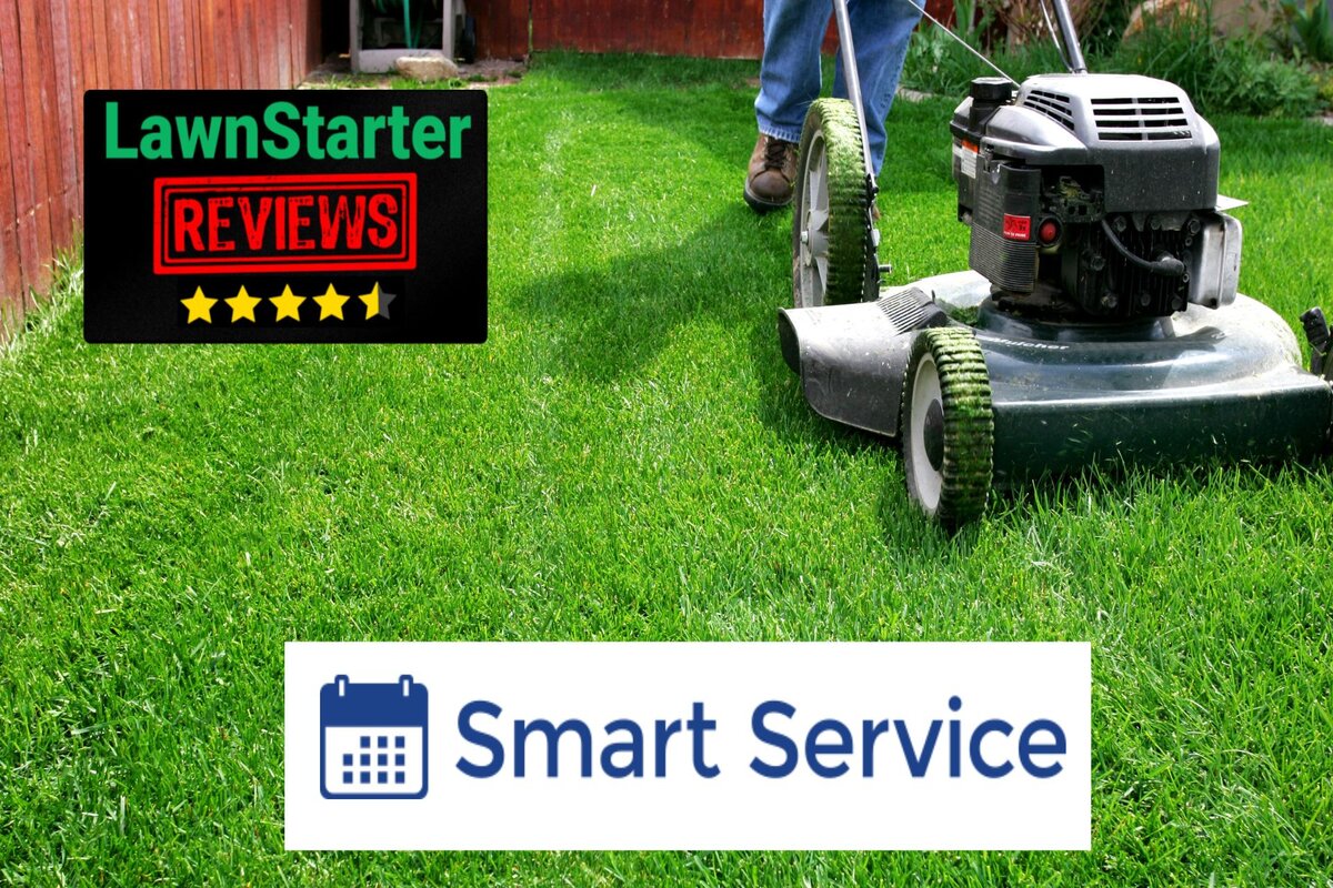 Text: Smart Service Software Review | Background Image: Lawmover Working on Grass