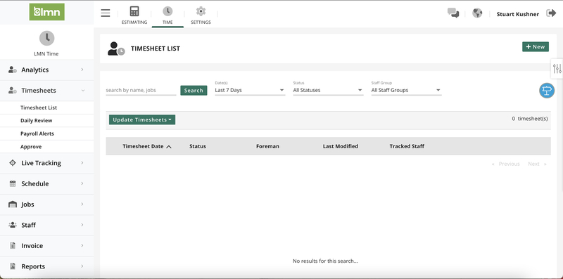 LMN Timesheets Screen