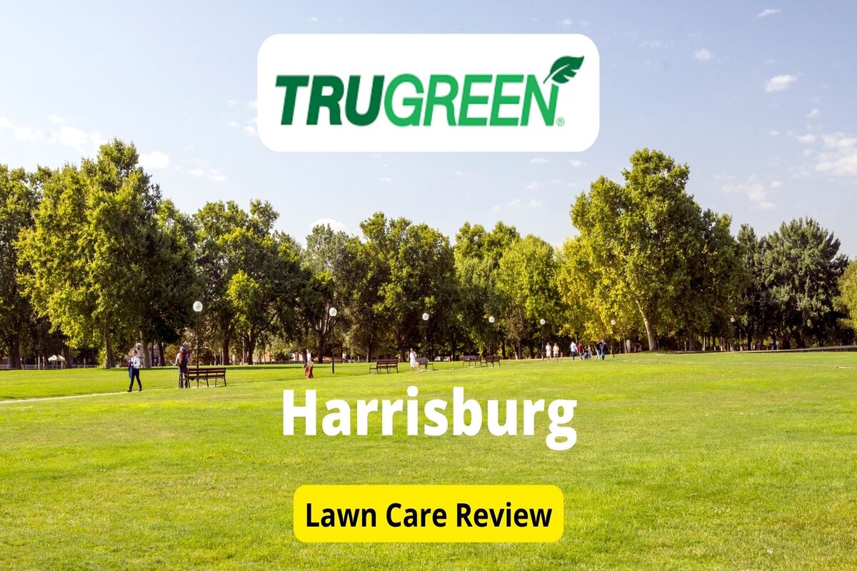 Text: Trugreen in Harrisburg | Background Image: Childrens are playing on green grass in a park
