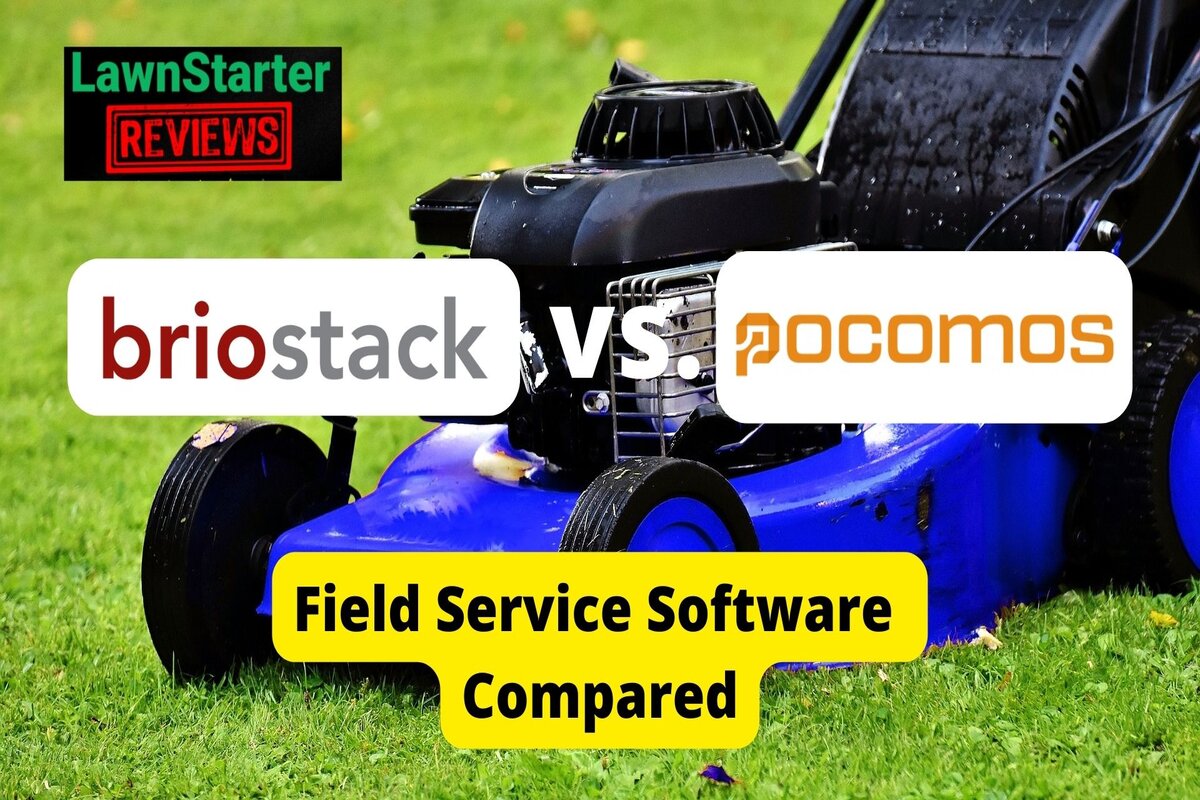 Text: Briostack vs Pocomos | Background Image: Blue Lawan Mower on Grass