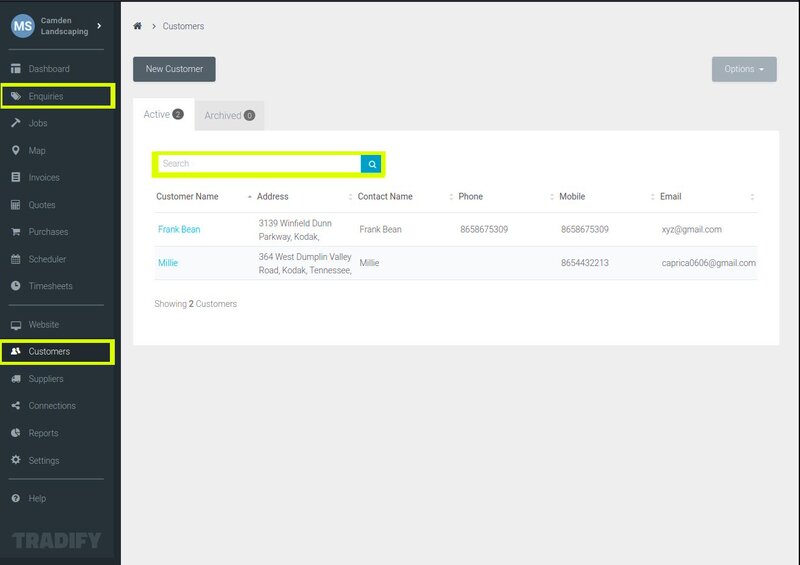 customer and enquires - Tradify
