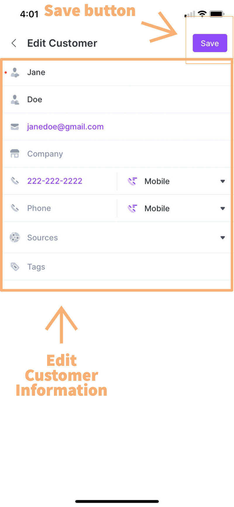 GorillaDesk screen to edit customer details 