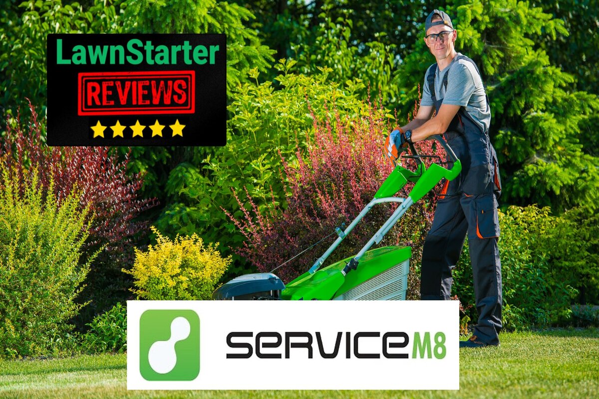 Text: Servicem8 software review | Background Image: Man holding a lawn mower in a garden