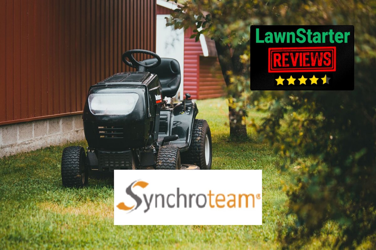 Text: Synchroteam Review | Background Image: Black Lawn Mower on Grass