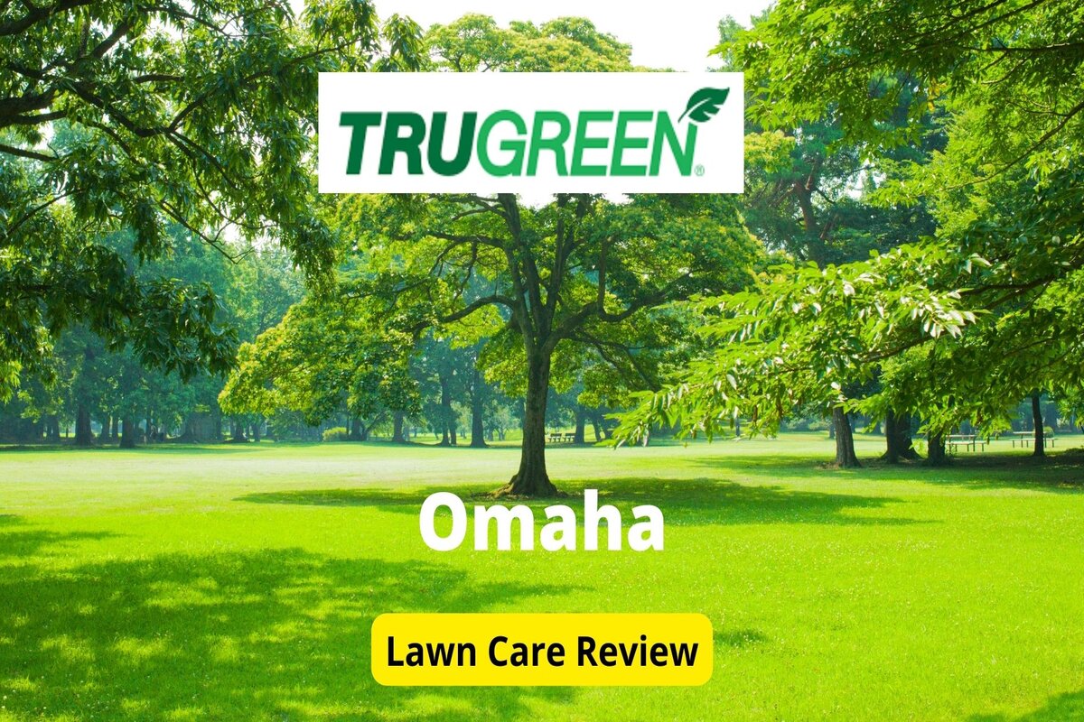 Text: Trugreen in Omaha | Background Image: Lawn with trees