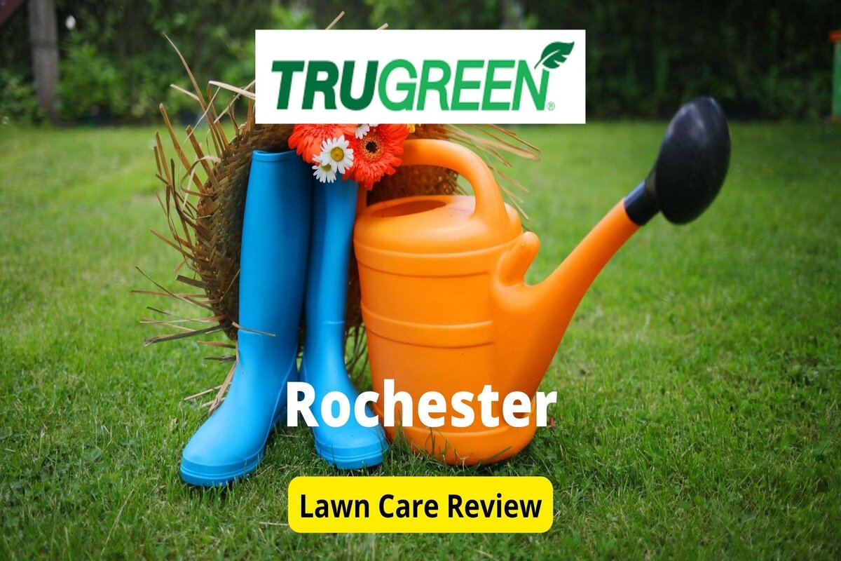 Text: trugreen in Rochester | Background image: Garden tools