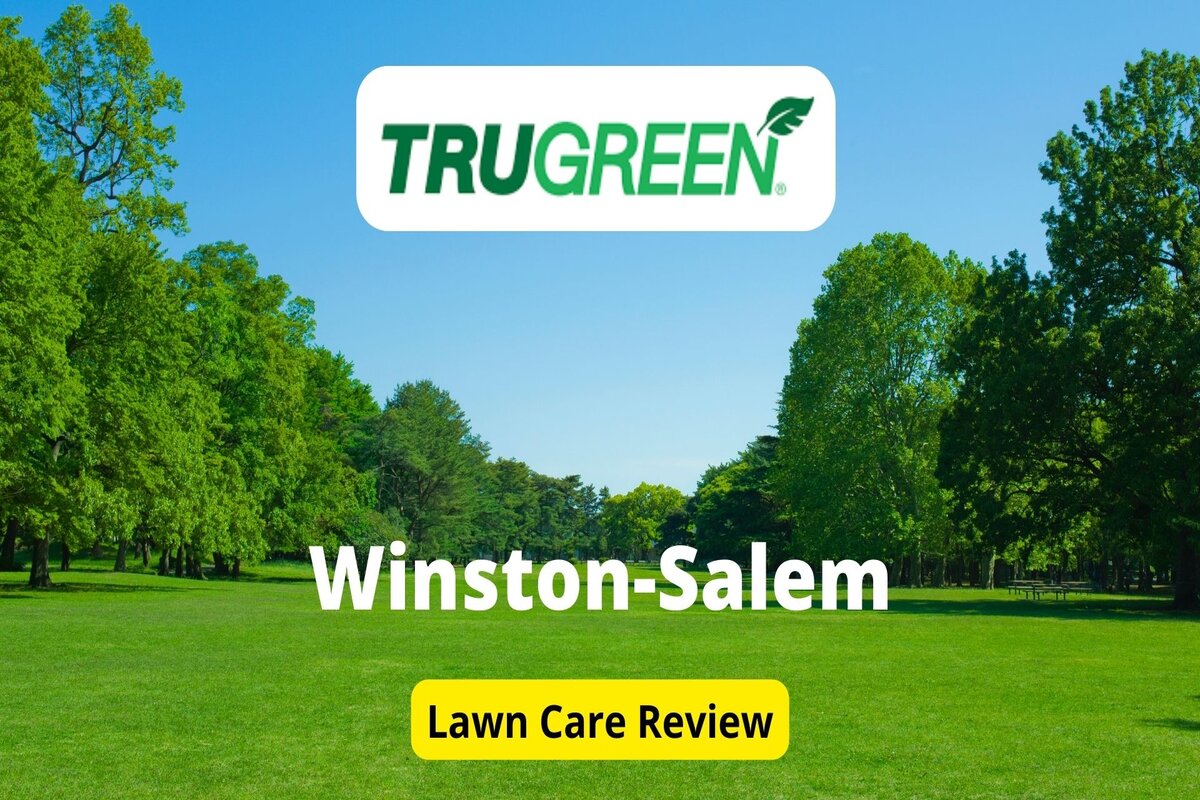 Text: Trugreen in Winstom Salem | Background Image: Green Garden with Thick green trees on back