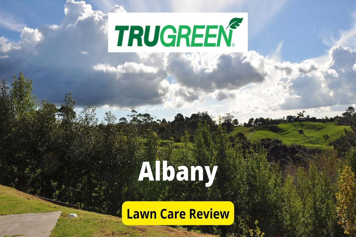 Text: Trugreen in Albany Review | Background: Crepuscular Cloud Albany