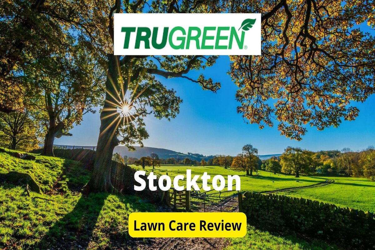 Text: trugreen in stockton review | Background Image: Trees Farm Fence