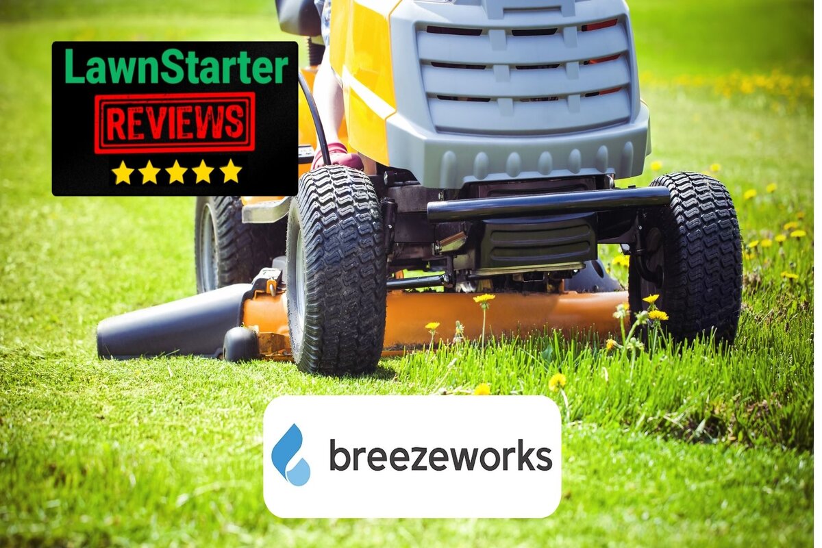 Text: BreezeWork | Background Image: Lawn Mower working on Grass