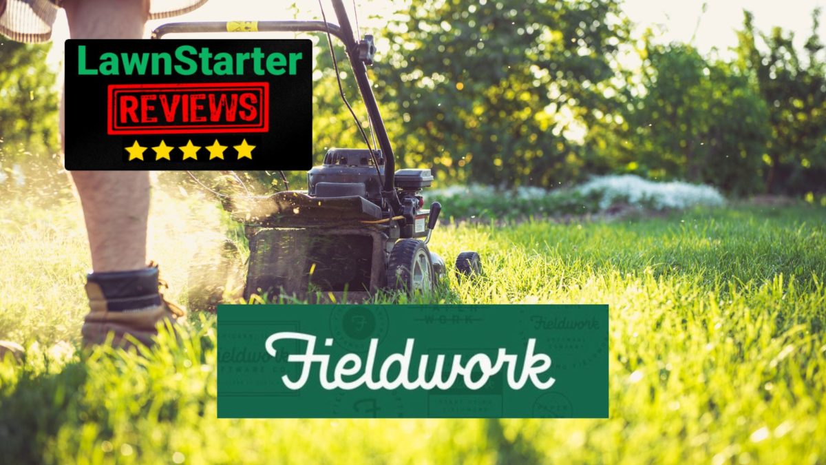 Person pushing lawn mower with Fieldwork logo overlaid