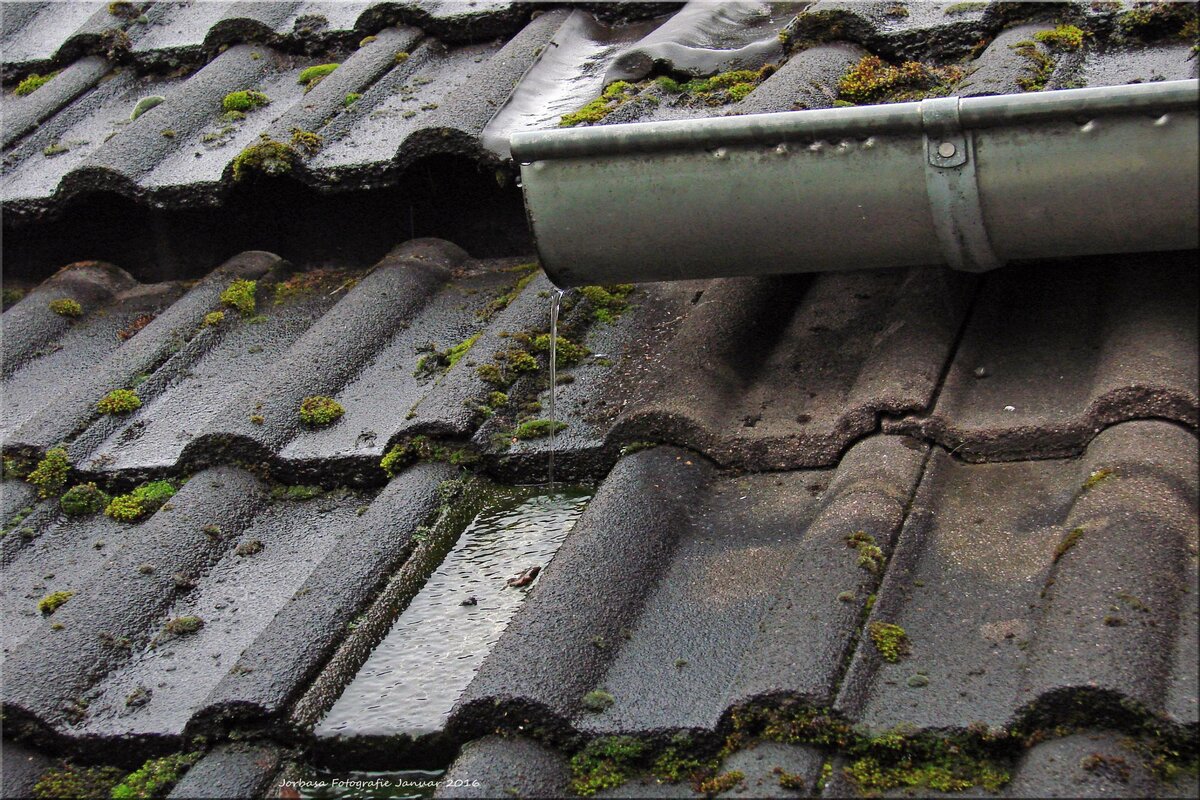 Text: Gutter Problems | Background Image: Water is comming from Gutter Pipe