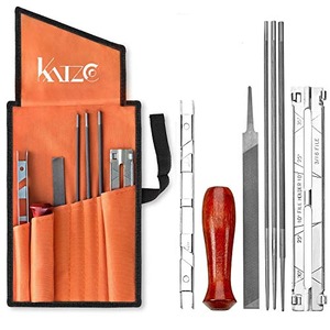 Katzco Chainsaw Sharpener File Kit - Contains 5/32, 3/16, and 7/32 Inch Files, Wood Handle, Depth Gauge, Filing Guide, and Tool Pouch - for Sharpening and Filing Chainsaws and Other Blade