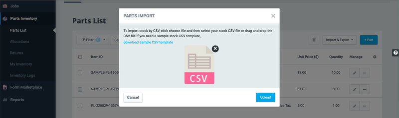 ReachOut Suite Parts Import popup