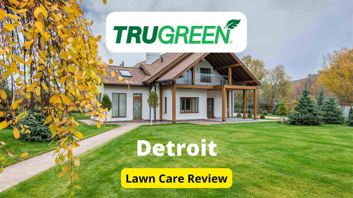 Text: Trugreen in Detroit| Background Image: Empty backyard of cottage house