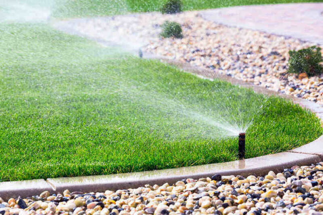 sprinkler system watering lawn near gravel bed