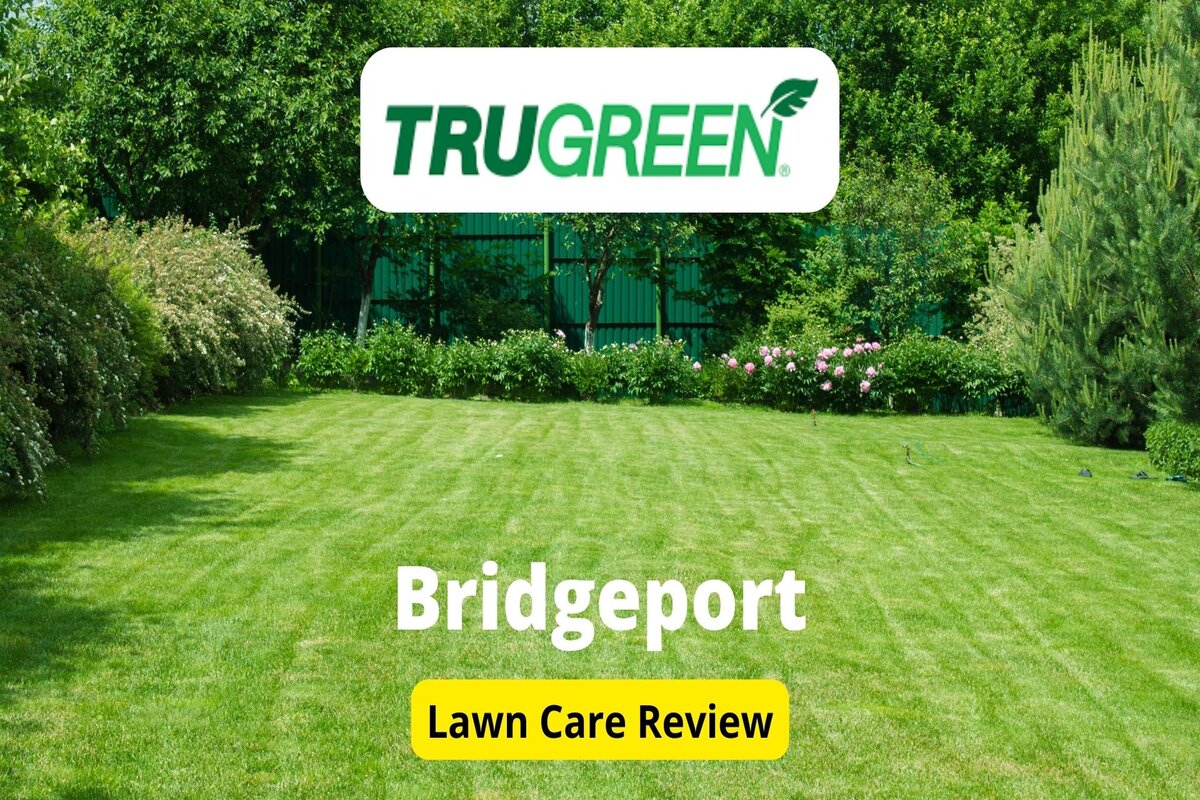 Text: trugreen in Bridgeport | Background Image: Green Lawn With Flowers Plant on Back