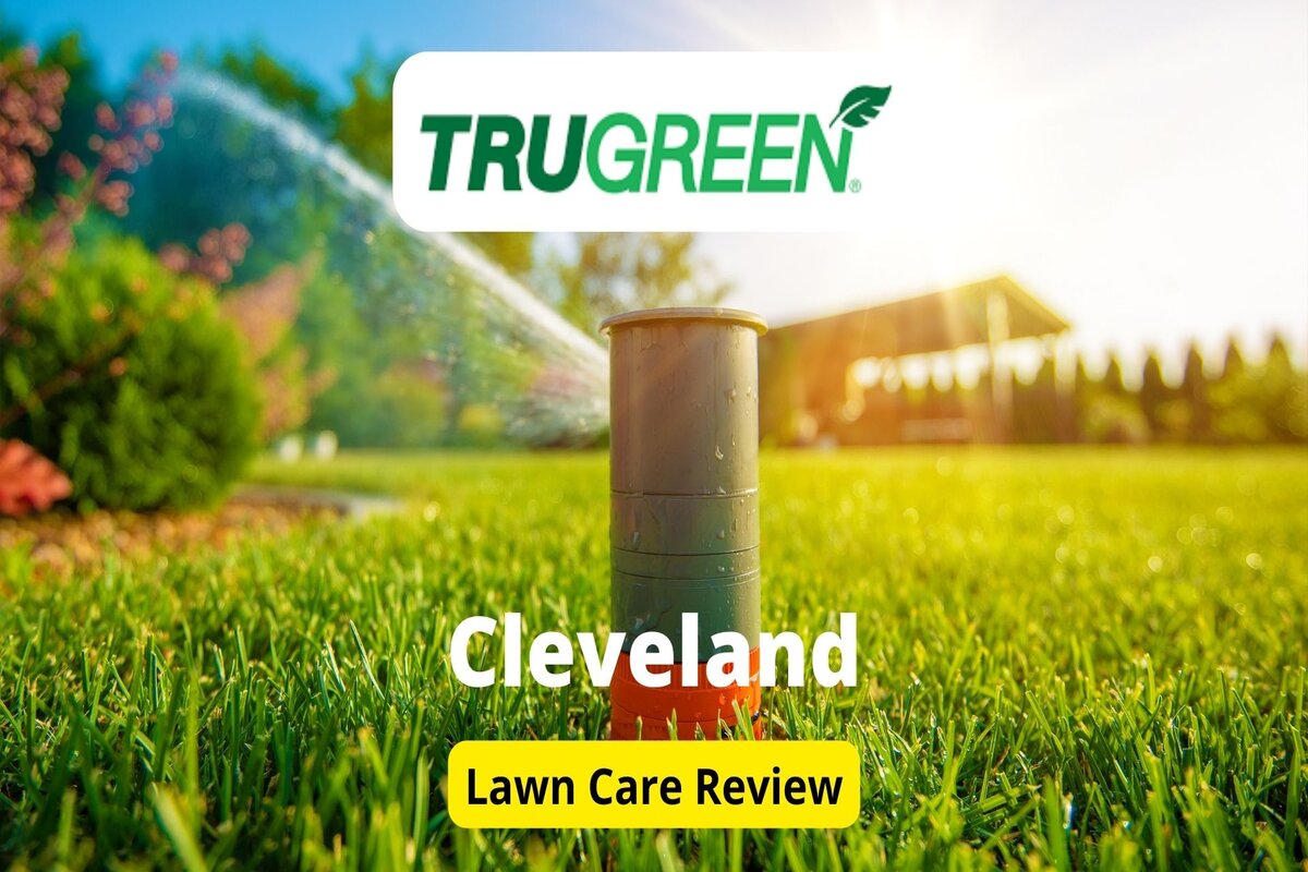 Text: Trugreen in Cleveland | Background Image: wATERING THE GRASS WITH SHOWER