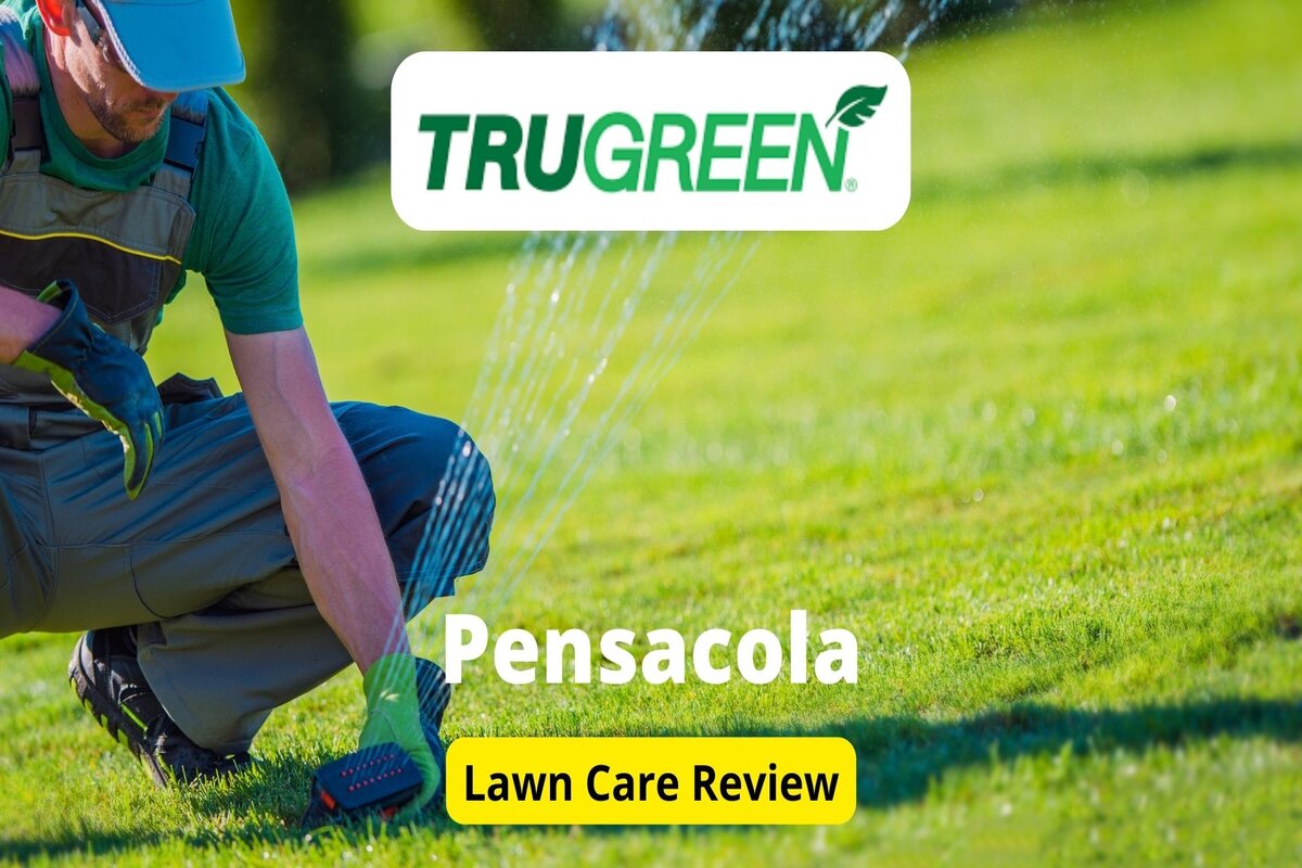 Text: Trugreen in Pensacola | Background Image: Man Correcting the water shower for lawn