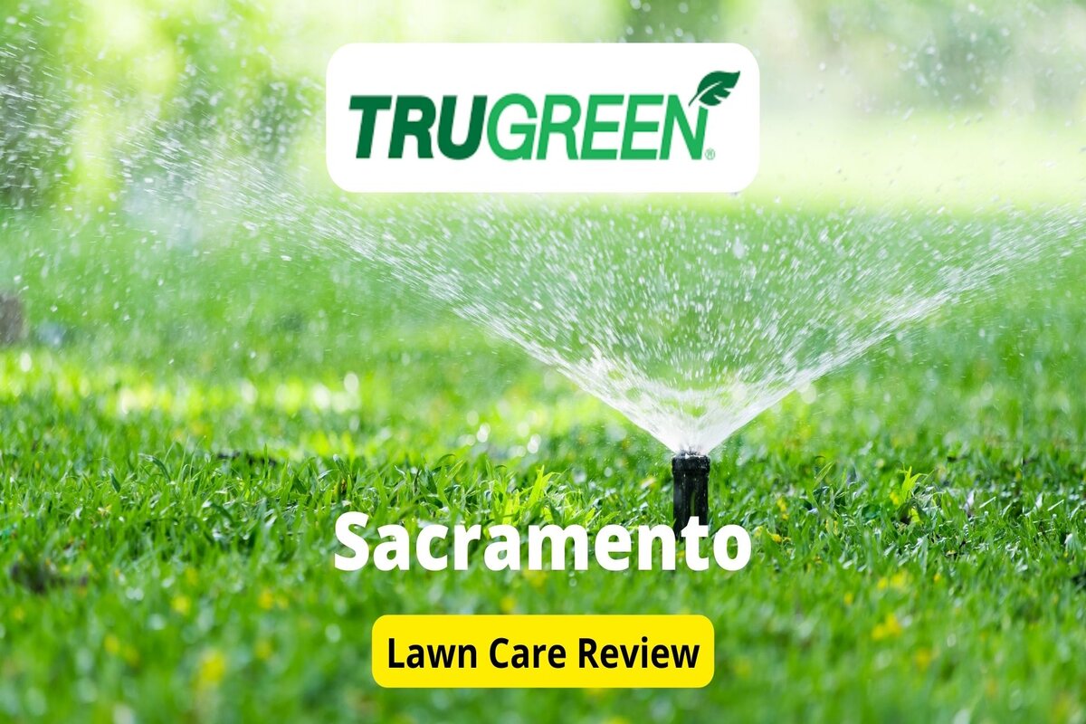 Text: Trugreen in Sacramento | Background Image: Sprinkels sprinkling water on grass