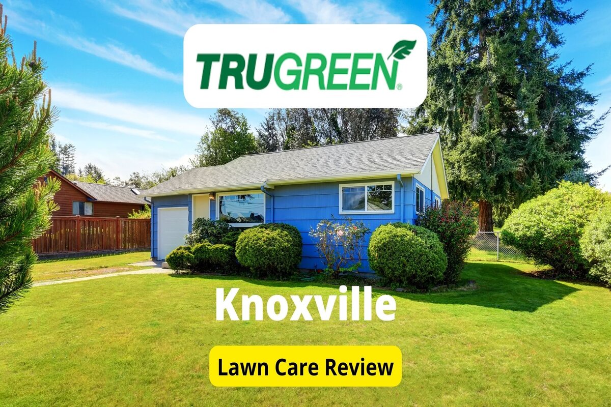 Text: Trugreen in Knoxville | Background Image: Green Lawn in front of Blue colored house