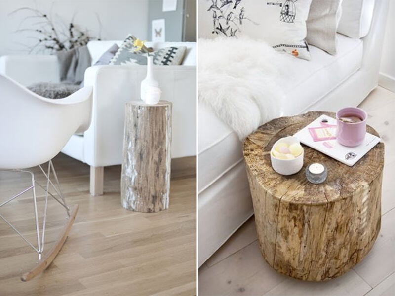 two side by side pictures of tree stump tables