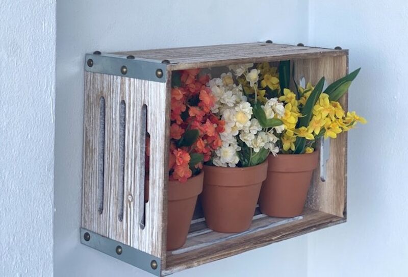 A crate vertical garden inside a house.