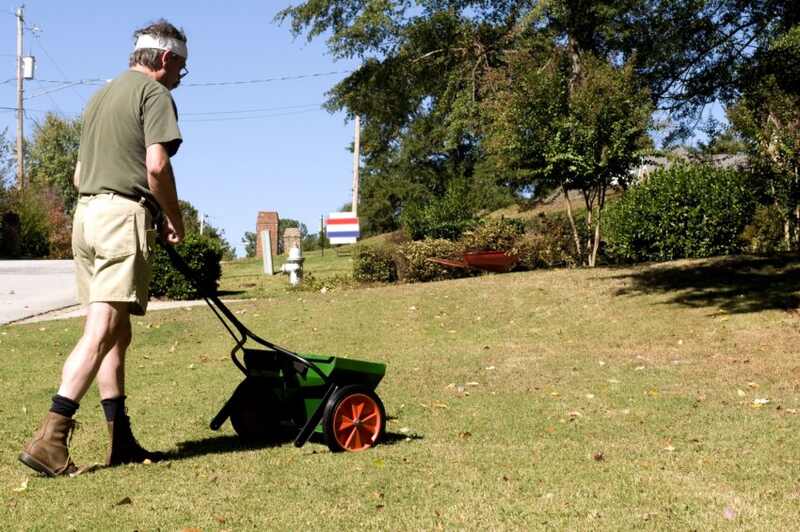 A  man applying fertilizer to his lawn.