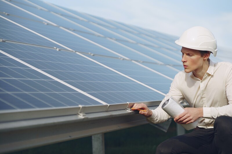 Technician standing near solar panels