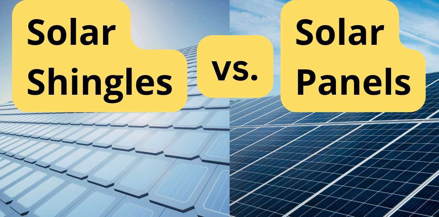 Photo illustration showing solar shingles and solar panels.