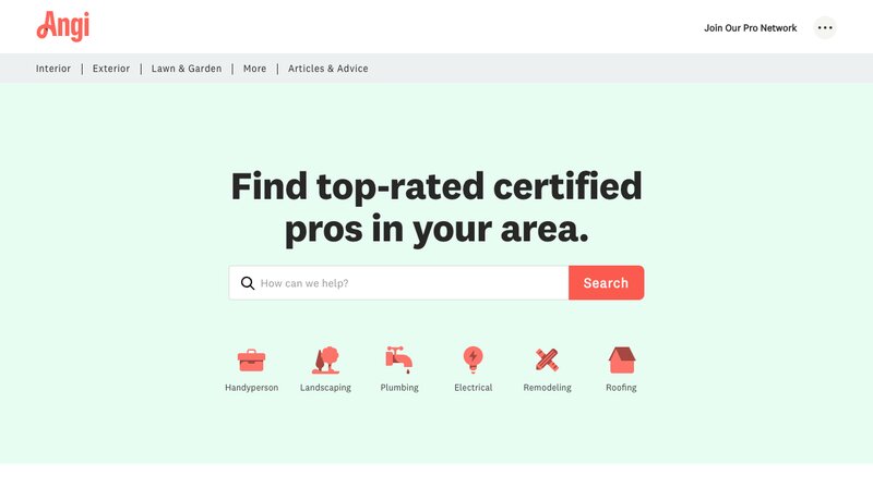 Angi Home Page Screen Shot