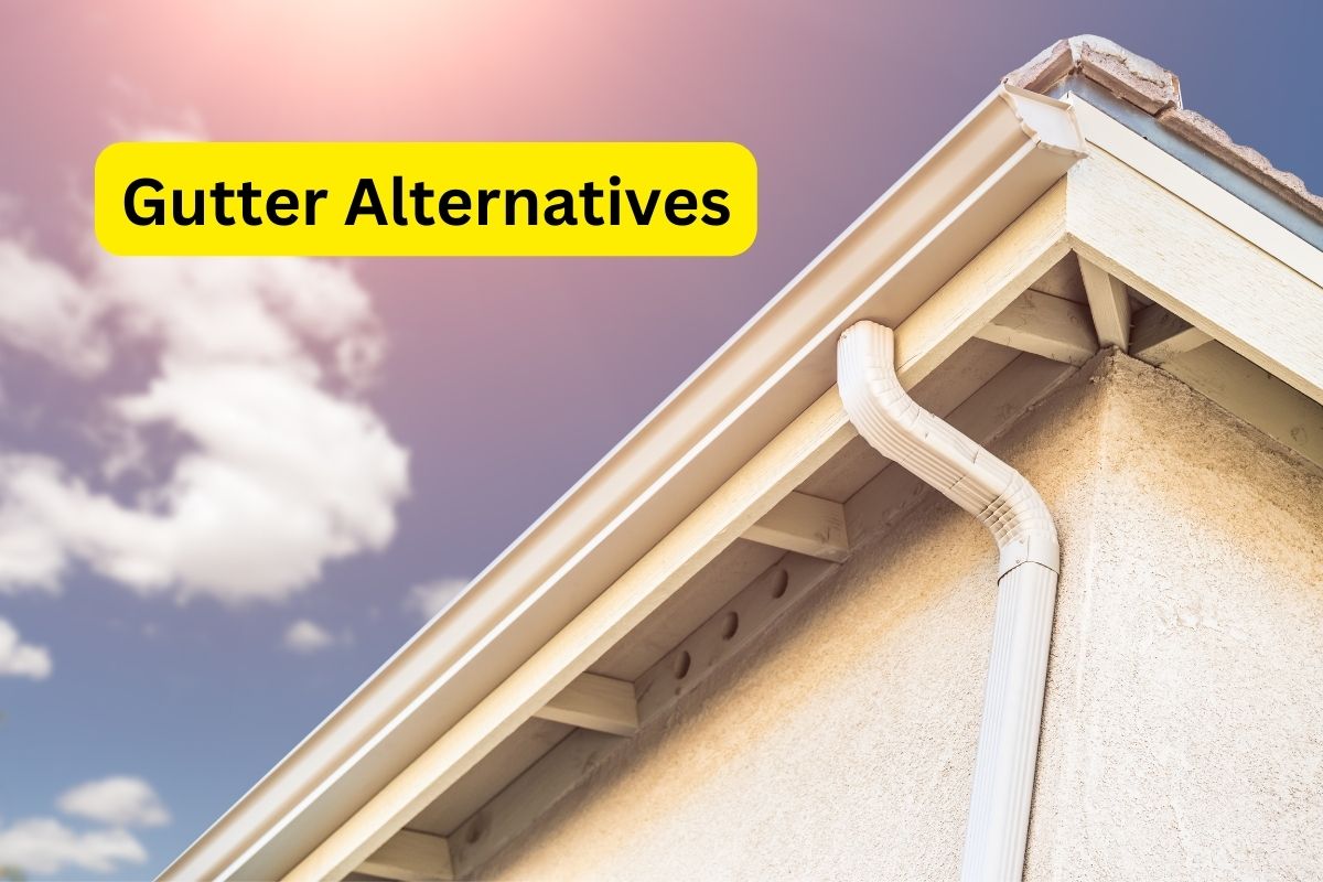 Gutter on side of roof with blue sky scene