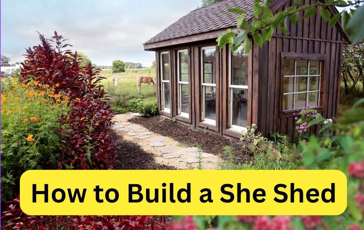 Beautiful wood she shed with roof and four floor to near ceiling glass windows surrounded by flowers with a horse in the distance